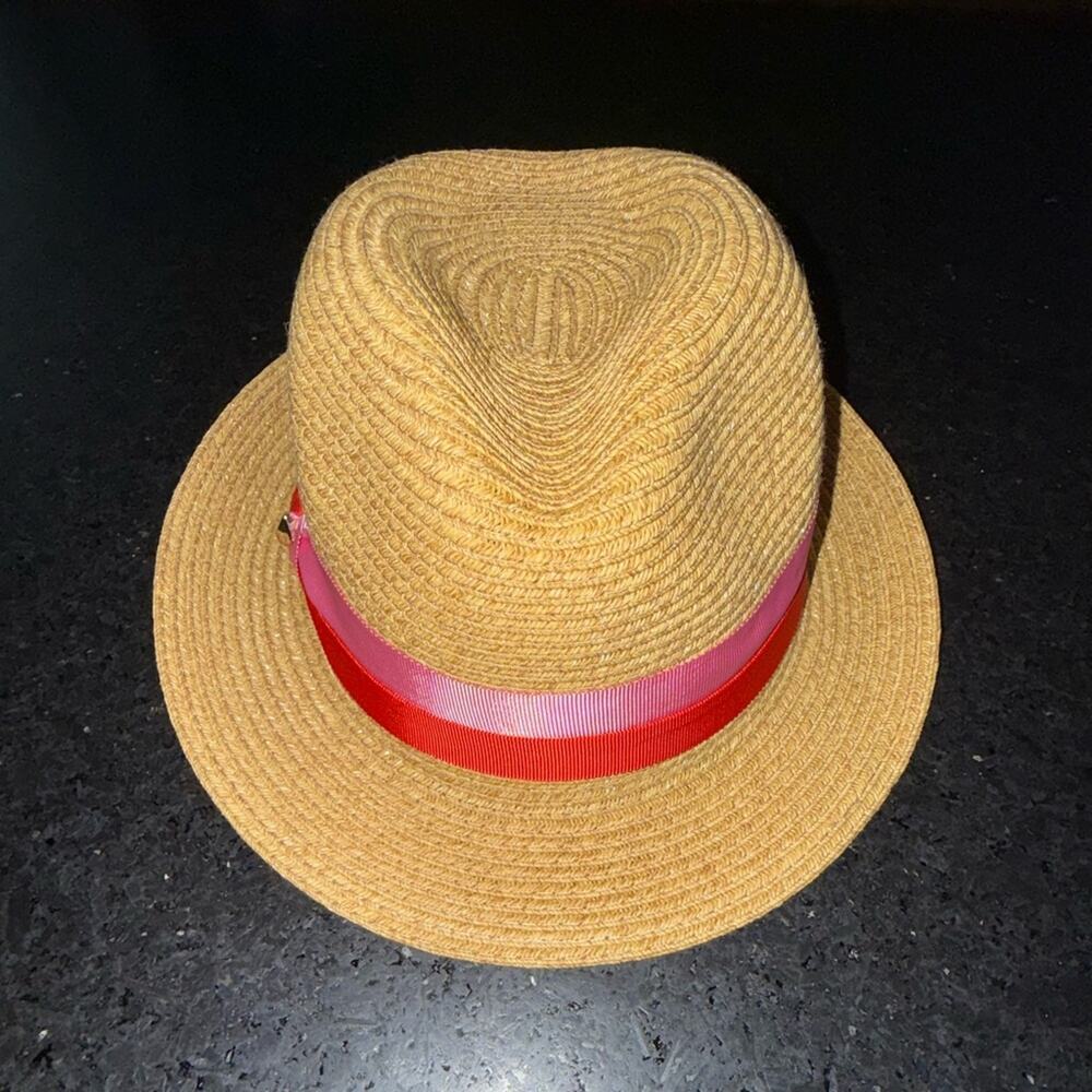 NEW KATE SPADE TAN TRILBY BICOLOR PINK RED BAND FEDORA HAT GOLD SPADE NWT - Picture 5 of 10